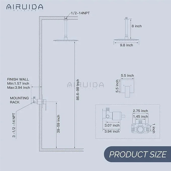 Airuida Shower Faucet Set and Handle Set Single Function Shower Trim Kit Ceiling Mount Rainfall Shower System with Male Threads and Rough-in Valve 10 Inch Square Shower Head Brushed Nickel - ModernBath