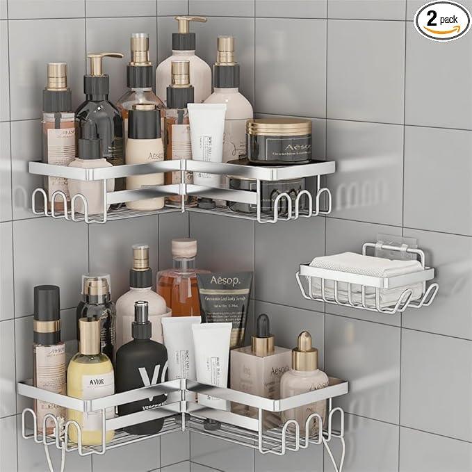 3 Pack Adhesive Corner Shower Caddy Shelf Organizer Rack, No Drilling Stainless Steel Shower Storage Rack with Hooks for Bathroom Storage & Home Decor - ModernBath