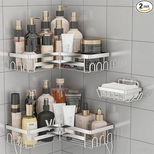 3 Pack Adhesive Corner Shower Caddy Shelf Organizer Rack, No Drilling Stainless Steel Shower Storage Rack with Hooks for Bathroom Storage & Home Decor - ModernBath