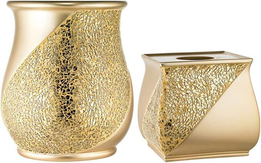 Zahari Home 2pc Sinatra Modern Bath Accessories Set Waste Basket & Tissue Box Champagne Gold Modern Decorative Beautiful Designs Bathroom Decor Set for Home Luxury Bath Set Mosaic Glass - ModernBath