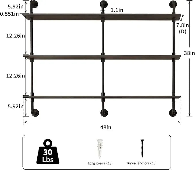 3-Tier Industrial Pipe Floating Shelf – Rustic 48 inch Wood Wall-Mounted Storage Shelf for Kitchen Office,Bathroom & Home Decor -Black - ModernBath