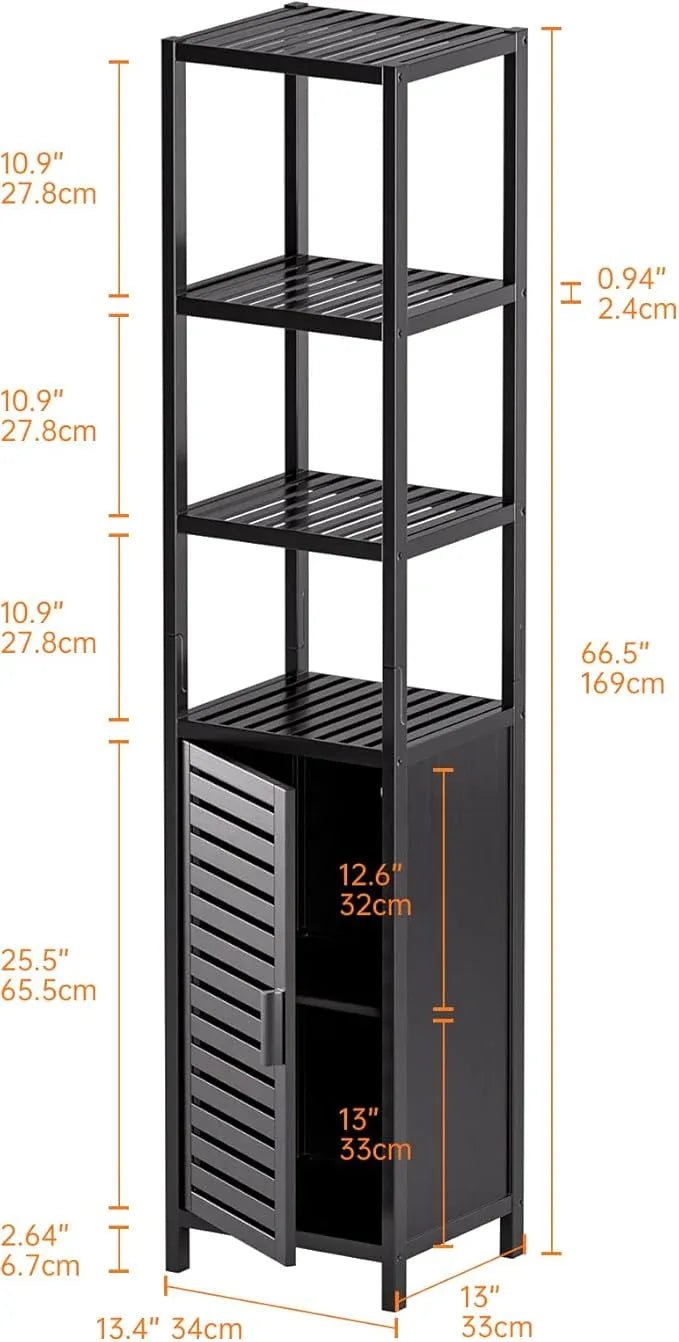 HITNET Bathroom Cabinet Freestanding, Tall Slim Bamboo Storage Cabinet with Shelves and Door, Space Saving Kitchen Cupboard Organizer, Black - ModernBath