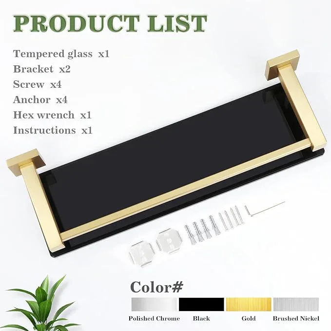 Alise Bathroom Glass Shelf with Stainless Steel Railing, Gold Small Tempered Glass Floating Wall Shelf Over The Toilet, 16 inch - ModernBath