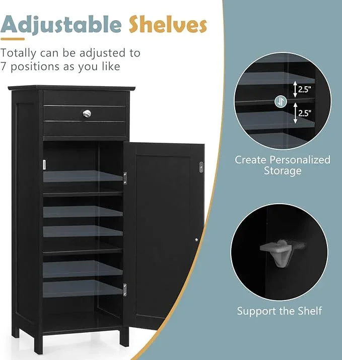 COSTWAY Bathroom Storage Cabinet, Single Door Floor Cabinet with Drawer and 3-Level Adjustable Shelves, Modern Side Storage Organizer with Anti-Tipping Device for Living Room, Bedroom (Black) - ModernBath