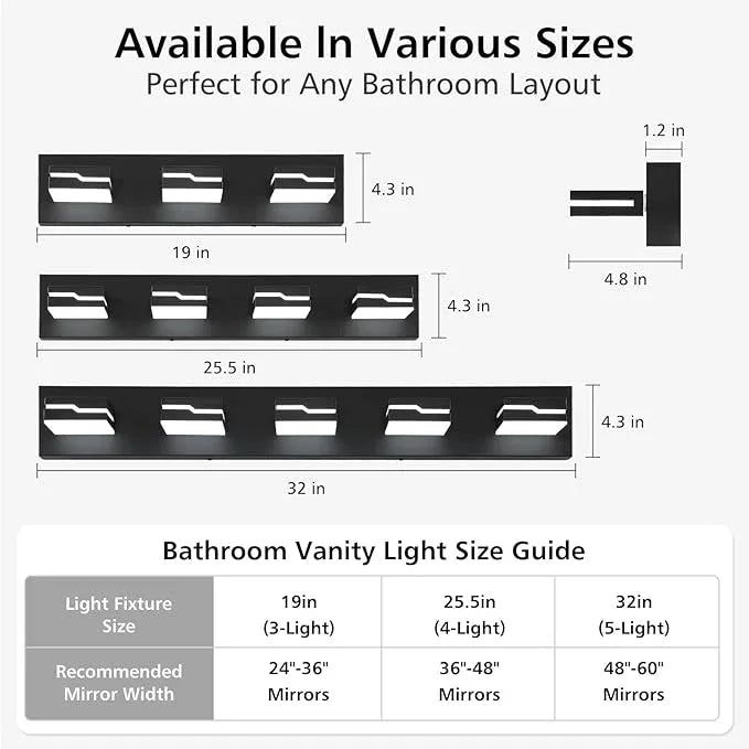 Merexcint LED Modern Bathroom Vanity Light Fixtures 3-Light, 19 inch Dimmable Matte Black Vanity Lights for Bathroom Lighting Fixtures Over Mirror, with 350°Rotatable Acrylic Heads(White Light 5500K) - ModernBath