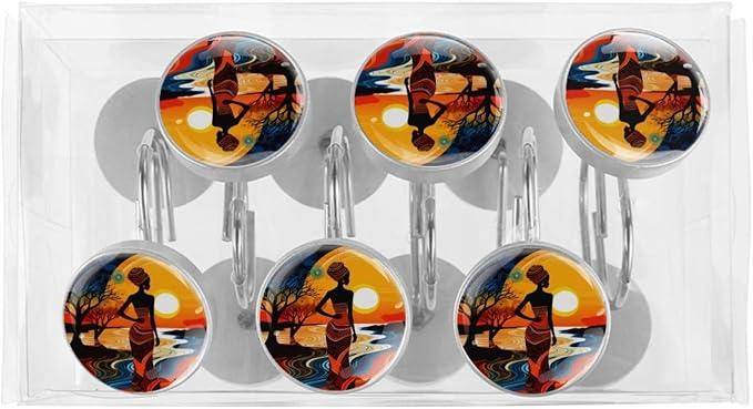 FVQL Shower Curtain Hooks Decorative, Sunset Cartoon African Women, Set of 12, Metal Shower Curtain Rings for Bathroom - ModernBath