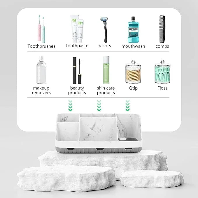 GFWARE Bathroom Toothbrush Holder Set with 2 Pack Qtip Holder Dispenser - Detachable 7 Slots Bathroom Accessory Set, Kids Marble Bathroom Sink Counter Set, Bathroom Essentials Decor, Grey - ModernBath