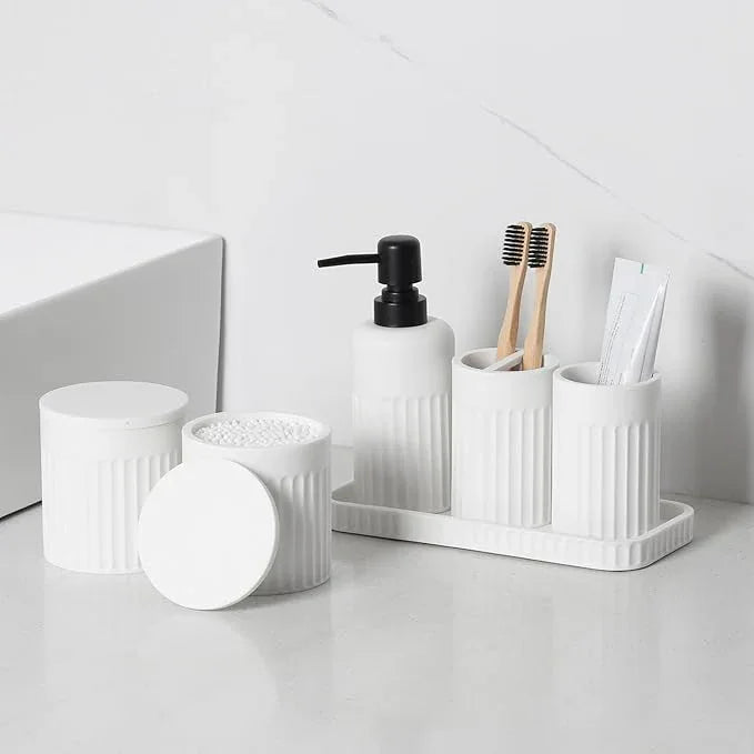 INIUNIK Bathroom Accessory Set - 6 Pieces Bathroom Accessories Set Complete with Soap Dispenser, Toothbrush Holders, Tumbler, Vanity Tray and 2 Qtip Holder for Home Organizer and Decor, White - ModernBath