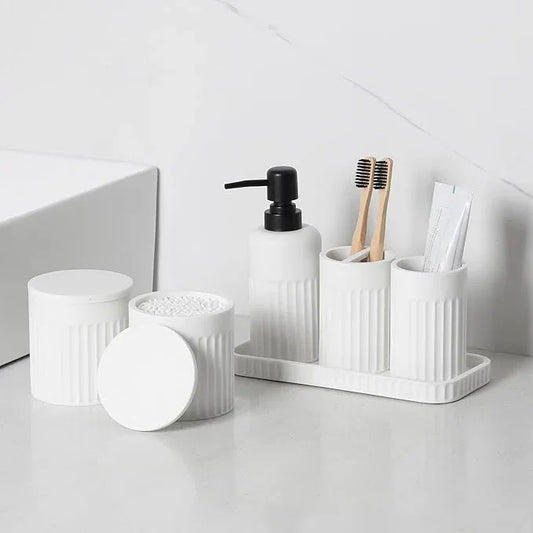 INIUNIK Bathroom Accessory Set - 6 Pieces Bathroom Accessories Set Complete with Soap Dispenser, Toothbrush Holders, Tumbler, Vanity Tray and 2 Qtip Holder for Home Organizer and Decor, White - ModernBath