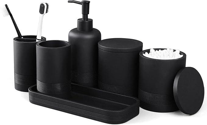 LIN CHUAN 6-Piece Bathroom Accessories Set, Organizer Set with Soap Dispenser, Toothbrush Holder Set, Vanity Tray, Tumbler & 2 Cotton Swab Jars – Modern Stylish Bathroom Storage(Matte Black) - ModernBath