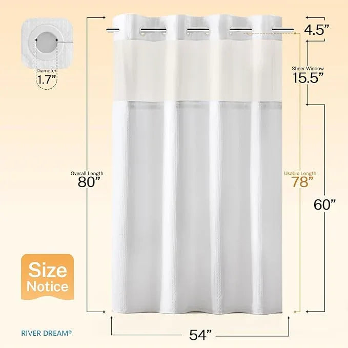 River Dream Stall Heavyweight No Hooks Required Dotted Waffle Weave Shower Curtain with Snap in Liner- 54W x 80H,Hotel Grade,Spa Like Bath Curtain,White - ModernBath