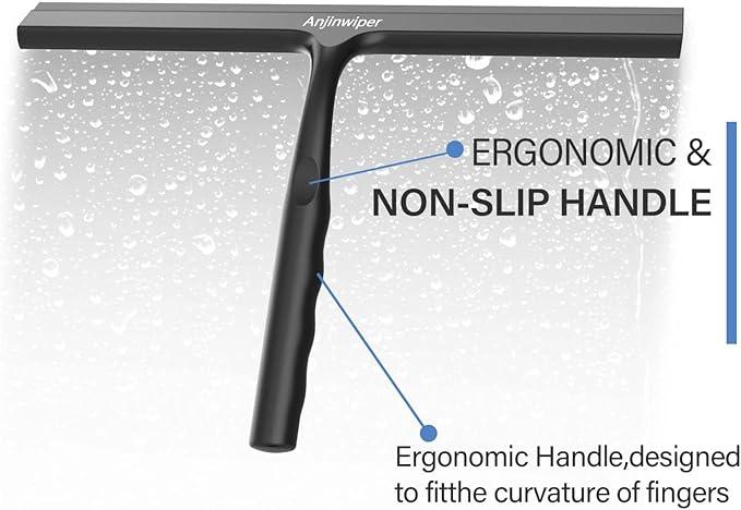 Anjinwiper Household Squeegee for Shower Glass Doors, Silicone Shower Squeegee with Adhesive Hook, Bathroom Squeegee for Shower, Window Cleaner Tool for Glass Door, Kitchen, Tile Wall(10 inch-Black) - ModernBath