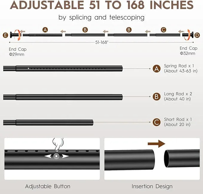 ZYKORT Tension Curtain Rod 51-168In (4-14Ft), Extra Long Outdoor Curtain Rod No Drilling for Patio, Shower Curtain Rod for Bathroom Window, Adjustable Spring Curtain Pole Room Divider Never Rust Black - ModernBath