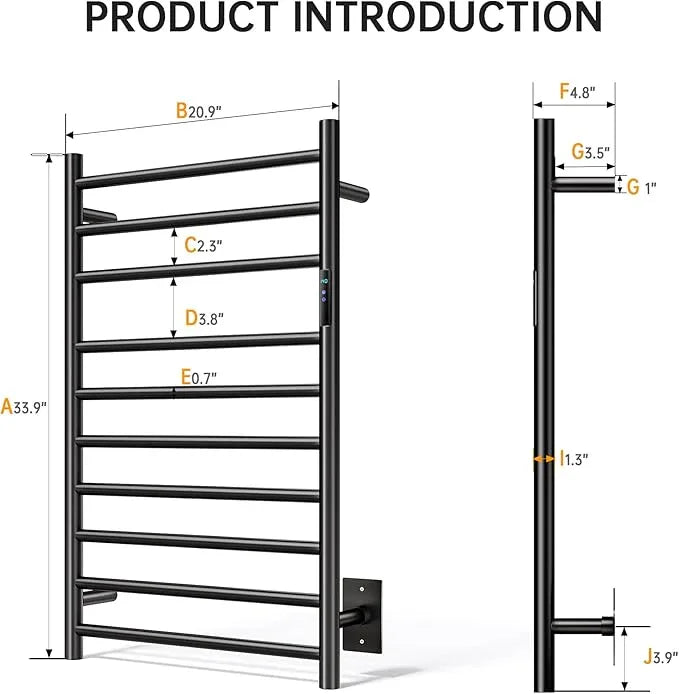 Towel Warmer Rack, Heated Towel Racks for Bathroom, Wall Mounted Towel Warmer, Stainless Steel 10-Bars Drying Rack with Intelligent Touch Screen Timer, Matte Black - ModernBath