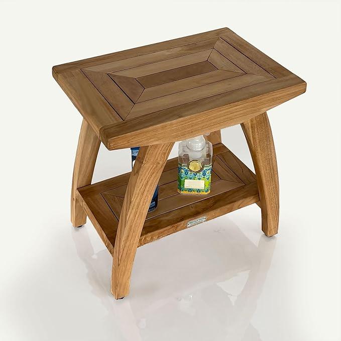 Bayview Patio Indonesian Teak Shower Bench with Shelf 18 Inch Stool | Teak Wood Shower Stool & Spa| Waterproof Shower Bench for Indoor and Outdoor Use| Bathroom Stools for Adults Sitting - ModernBath