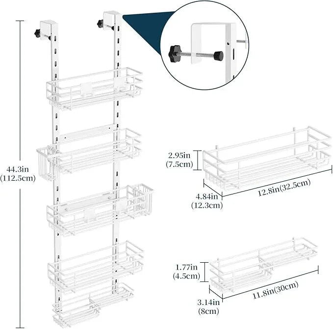 Consumest Over The Door Shower Caddy - 5 Tier Adjustable Shower Organizer Hanging with 2 Toothbrush Holders & 4 Hooks, Rustproof Organizer Shelf, Storage Rack for Bathroom, White - ModernBath