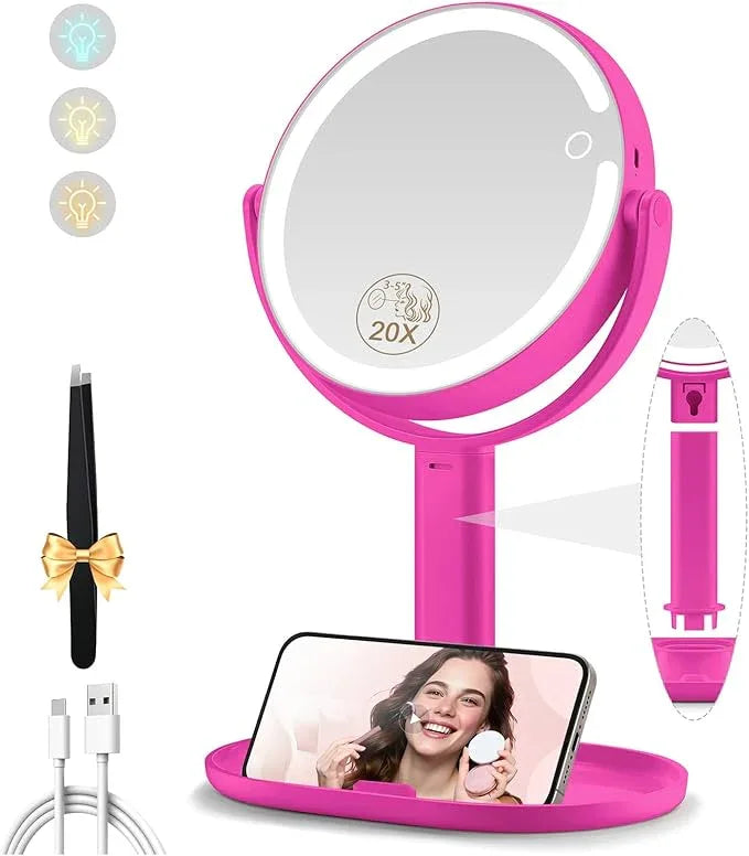 MOMOKUBA Makeup Mirror with Lights, Double Sided 1x/20x Magnifying Mirror with Light, Rechargeable 3 Color Lights and Adjustable Brightness, 360° Rotation Detachable Comes with Tweezer(Hotpink) - ModernBath
