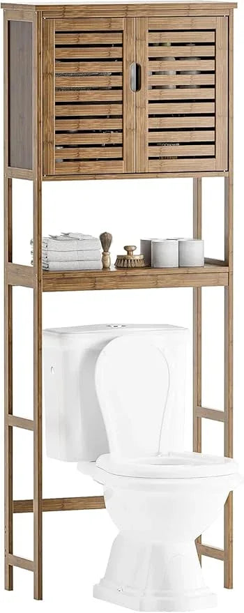 SMIBUY Bathroom Storage Shelf with Cabinet, Bamboo Over-The-Toilet Organizer Rack, Freestanding Toilet Space Saver with 3-Tier Adjustable Shelves (Walnut) - ModernBath