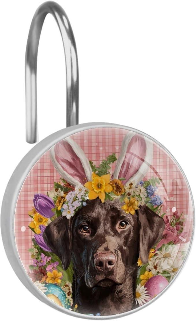 Dog and Easter Eggs Shower Curtain Hooks 12Pcs, Decorative Rust Resistant Shower Rings for Shower Curtain Rods, Stainless Steel Round Curtain Hooks for Bathroom, Bedroom, Farmhouse - ModernBath