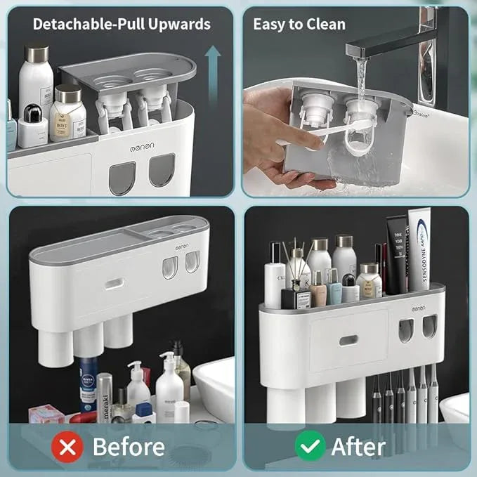 BHeadCat Toothbrush Holders Wall Mounted, Toothbrush Holder with Automatic Toothpaste Dispensers, 6 Brush Slots, 3 Magnetic Cups,1 Cosmetic Drawer Organizer and 1 Large Storage Tray - ModernBath