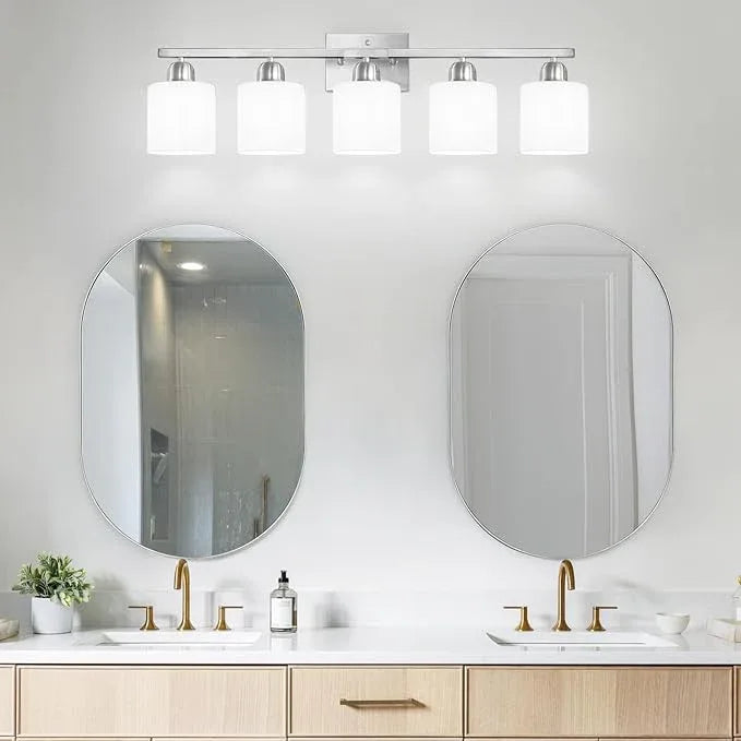 FAISHILAN 5 Light Bathroom Light Fixtures Brushed Nickel, Bathroom Vanity Light with Milky White Frosted Glass Shade, Vanity Lights for Mirror Bedroom Living Room E26 Base - ModernBath