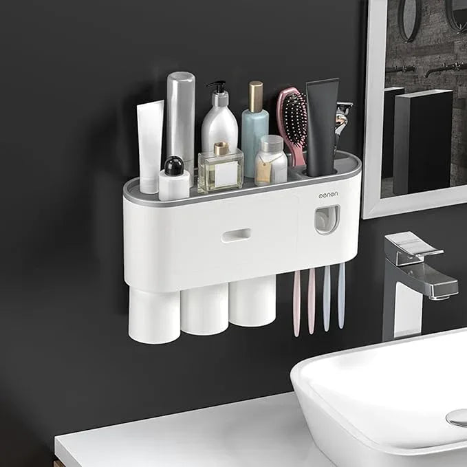 Celsitudo No-Drill Wall Mounted Toothbrush Holder, Bathroom Shelf, with Automatic Toothpaste Dispensers 4 Brush Hooks 3 Magnetic Cups 1 Cosmetic Drawer Organizer and Large Storage (1 Dispenser 3 Cups) - ModernBath