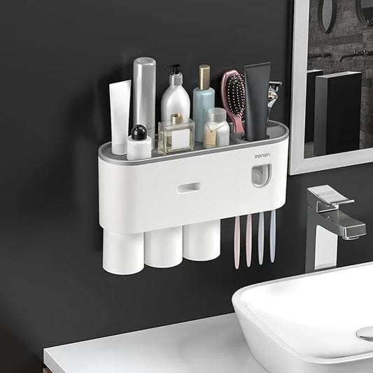 Celsitudo No-Drill Wall Mounted Toothbrush Holder, Bathroom Shelf, with Automatic Toothpaste Dispensers 4 Brush Hooks 3 Magnetic Cups 1 Cosmetic Drawer Organizer and Large Storage (1 Dispenser 3 Cups) - ModernBath