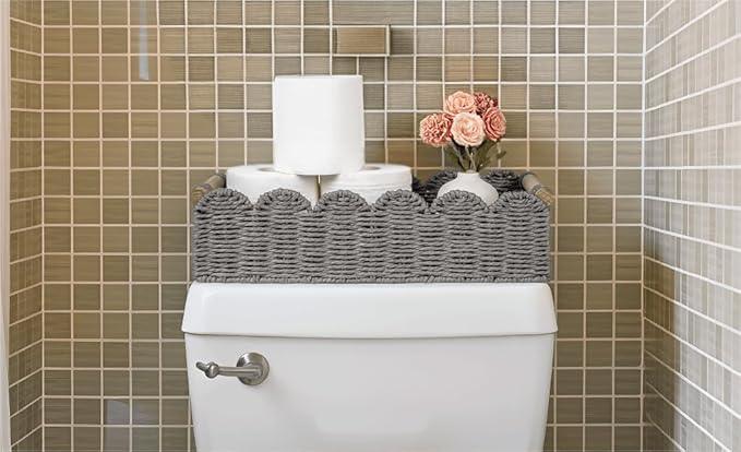 CubesLand Decorative Toilet Paper Storage Basket, Modern Farmhouse Home Decor Basket for Organizing, Scalloped Pantry Baskets for Shelves, Countertop, Living Room, w/Wood Handles, Grey 2 Sizes - ModernBath