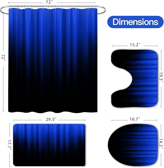 Litabel 4 Pcs Royal Blue and Black Gradient Shower Curtain Set with Rugs and Toilet Lid Cover, Modern Simple Waterproof Fabric Bathroom Set, Ombre Stripe Gothic Abstract Bathroom Decor Set Accessories - ModernBath