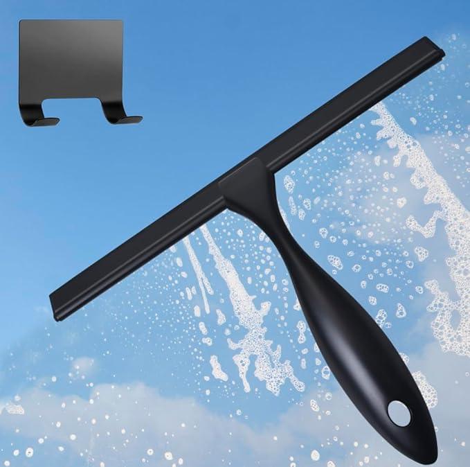 12'' Light Weight Stainless Steel Shower Squeegee for Glass Doors with 4 Pieces Set (1 Window Squeegee, 1 Door Hook and 2 Adhesive Hooks) Perfect Cleaning Tool for Car, Window, Bathroom Mirror - ModernBath