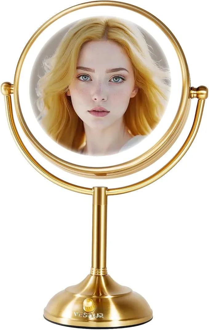 VESAUR 8.5'' Large Gold Lighted Makeup Mirror, 1X/10X Clear Seamless Magnifying Mirror, Bright Vanity Mirror with 3 Colors Dimmable Lights, Two-Sided 360°Rotation Stable Base, Luxury Nickel, Gift Box - ModernBath