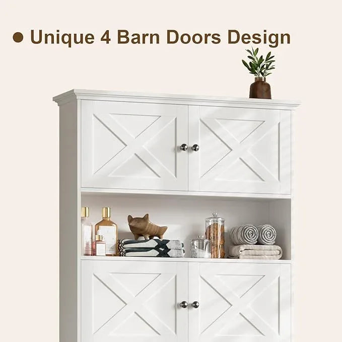 Over The Toilet Storage Cabinet, Farmhouse Storage Cabinet Over Toilet with 4 Barn Doors & Toilet Paper Holder Stand, White Toilet Shelf Home Space Saver for Restroom, Bathroom, Laundry - ModernBath