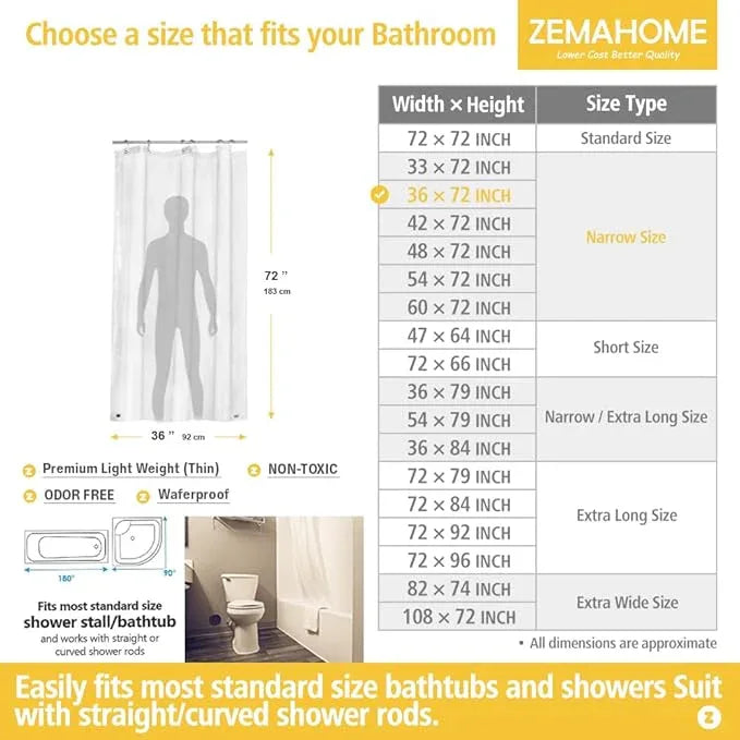 ZEMAHOME Narrow Size Clear Plastic Shower Curtain Liner, 36x72 Inch Thin Lightweight Transparent Plastic Bathroom Shower Showroom Inner Curtain with Rustproof Metal Grommet Holes and Weighted Magnets - ModernBath