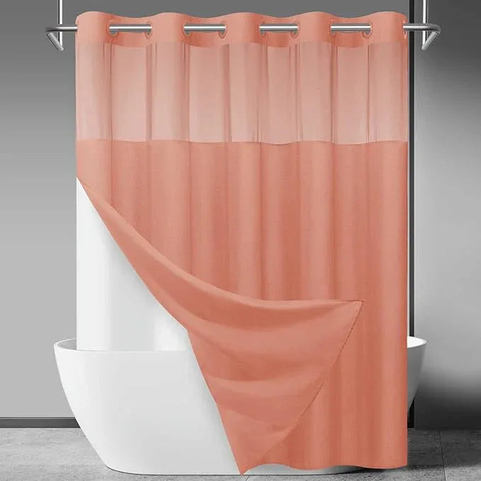 SORTTO No Hook Slub Textured Shower Curtain with Snap in Liner - Coral Fabric Outer Curtain & Waterproof Inner Liner, Hotel Style with See Through Top Window, 71x74 in - ModernBath