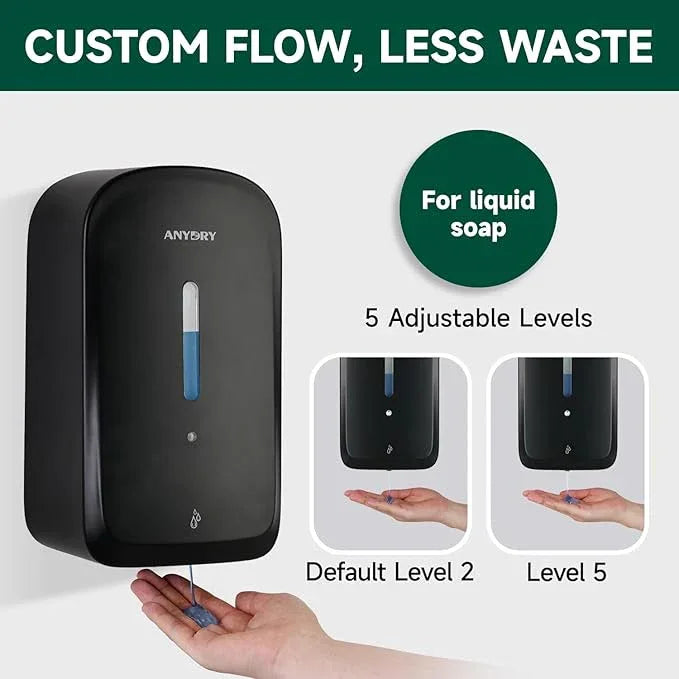 anydry Commercial Automatic Soap Dispenser Large 34oz/1000ml Capacity Wall-Mounted Touchless Liquid Dispenser for High-Traffic Restrooms, Offices, Hospitals Model AD1220S Black - ModernBath