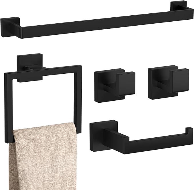 5-Pieces Matte Black Bathroom Accessories Set, 23.6 Inch Bath Towel Bar Set, SUS 304 Stainless Steel Bathroom Hardware Set, Towel Racks for Bathroom Wall Mounted. - ModernBath