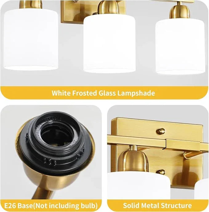 4 Light Gold Light Fixture Bathroom, Brushed Gold Vanity Light with Milky White Frosted Glass Shades, Lights for Bathroom Mirror for Living Room Bedroom Hallway E26 Base - ModernBath