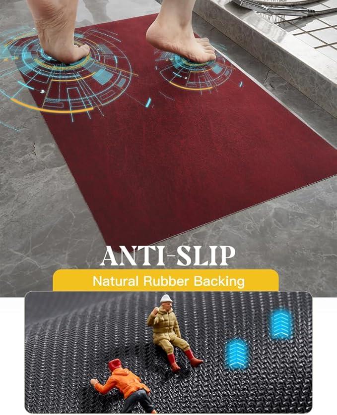 MontVoo -Bath Mat Rug-Rubber Backing Non Slip Quick Dry Absorbent Thin Bathroom Rugs Fit Under Door-Faux Suede Surface Bathroom Floor Mats-Shower Rug for in Front of Bathtub Shower Burgundy 17"x27.5" - ModernBath