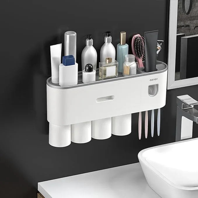Celsitudo No-Drill Wall Mounted Toothbrush Holder, Bathroom Shelf, with Automatic Toothpaste Dispensers 4 Brush Hooks 4 Magnetic Cups 1 Cosmetic Drawer Organizer and Large Storage (1 Dispenser 4 Cups) - ModernBath