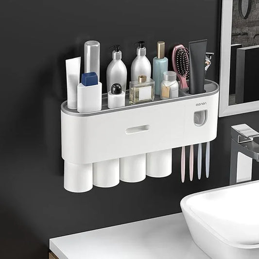 Celsitudo No-Drill Wall Mounted Toothbrush Holder, Bathroom Shelf, with Automatic Toothpaste Dispensers 4 Brush Hooks 4 Magnetic Cups 1 Cosmetic Drawer Organizer and Large Storage (1 Dispenser 4 Cups) - ModernBath