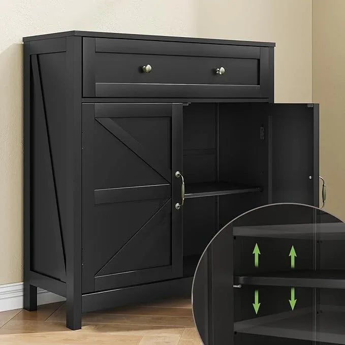 Buffet Sideboard with 2 Barn Doors,Black Kitchen Cabinet with Adjustable Shelf, Freestanding Floor Storage Cabinet - ModernBath