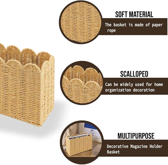 Handwoven Khaki Paper Rope Magazine Holder with Scalloped Edge –Toilet Paper Storage Basket Decorative Storage Basket for Magazines, Newspapers, Mail, Living Room, Bathroom & Office - ModernBath