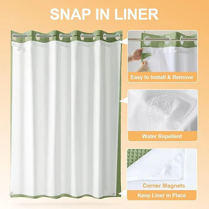 River Dream Sage Green Cotton Blend Shower Curtain with Snap in Liner, No Hook Shower Curtains for Bathroom, Hotel Grade, Water Repellent, 71" W x74 L - ModernBath