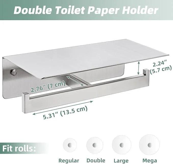 APLusee Double Toilet Paper Holder with Shelf, 304 Stainless Steel Brushed Nickel Bathroom Tissue Holder, Commercial Paper Roll Dispenser Wall Mounted - ModernBath