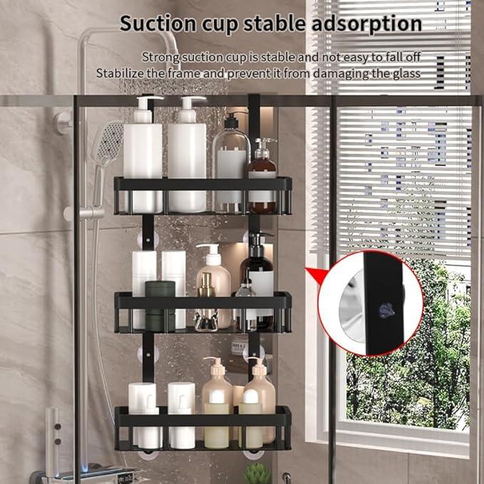 3-Tier Over Door Shower Caddy, Black Metal Bathroom Storage Rack, 11.81x5.31 Inch Shelves, Rustproof Organizer, Modern Style, No Drilling Required, for Toiletry Storage - ModernBath