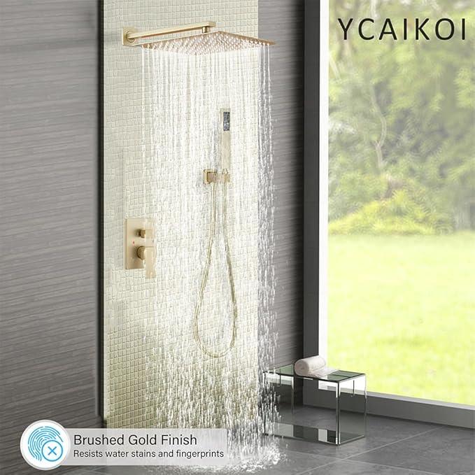 YCAIKOI Shower Faucet Set Complete, Wall Mount Shower System for Bathroom 12 Inch High-Pressure Rainfall Shower with Handheld, Rough-in Valve Body and Trim Kit, Brushed Gold - ModernBath