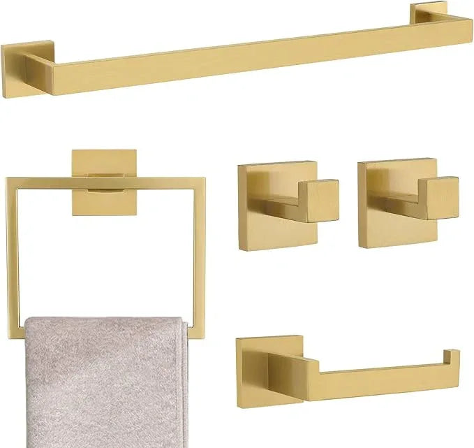 Brushed Gold 5 Pieces Bathroom Hardware Accessories Set Towel Bar Set Towel Holder Racks Set for Bathroom,SUS304 Stainless Steel,Wall Mounted 23.6-Inch - ModernBath