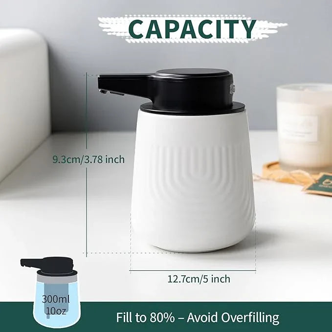 BosilunLife Ceramic Automatic Soap Dispenser with Extended Pump Nozzle, 3 Adjustable Levels, Touchless Foam Hand Wash Foaming Dispenser for Bathroom & Kitchen, Embossed Wave Design, White, 10oz - ModernBath