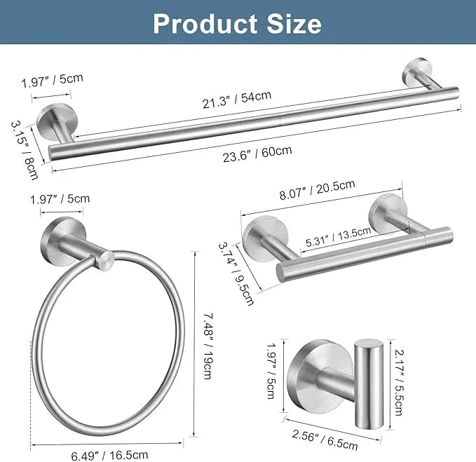 Brushed Nickel Bathroom Hardware Accessories Set, 5 Pieces Round Towel Bar Set Toilet Paper Holder Towel Rail Set for Bathroom Stainless Steel Wall Mounted Bathroom Set,23.6 in - ModernBath