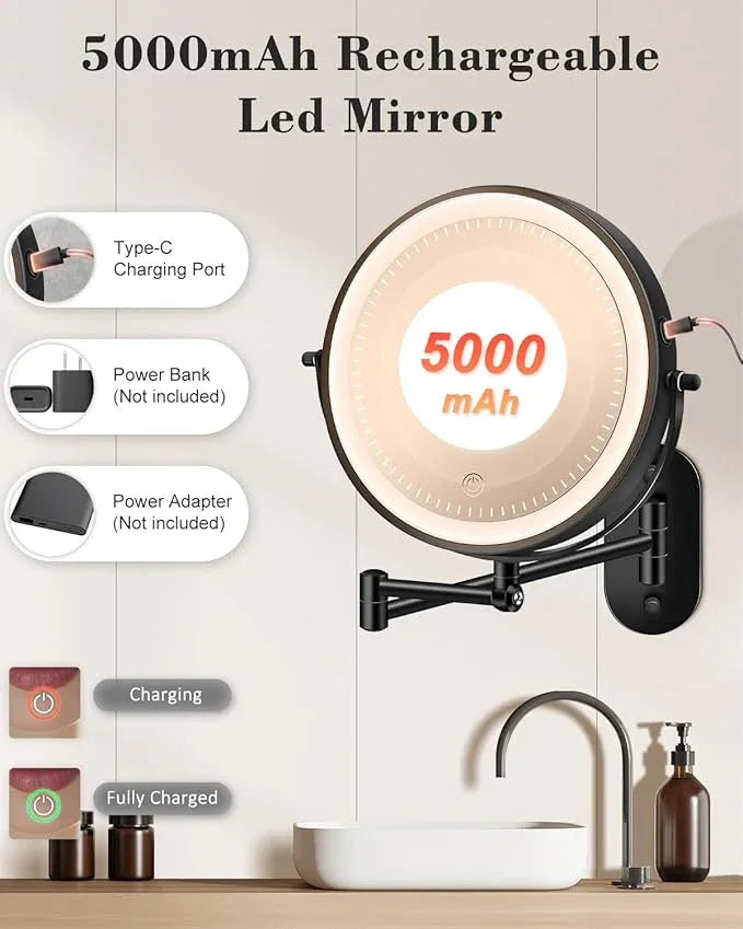 vpu 9" Wall Mounted Makeup Mirror with Light, 20X/1X Height Adjustable Double Sided Magnifying Bathroom Lighted Mirror, 3 Color Touch Dimmable Extended Arm 360 Rotation Light up Magnification Mirrors - ModernBath